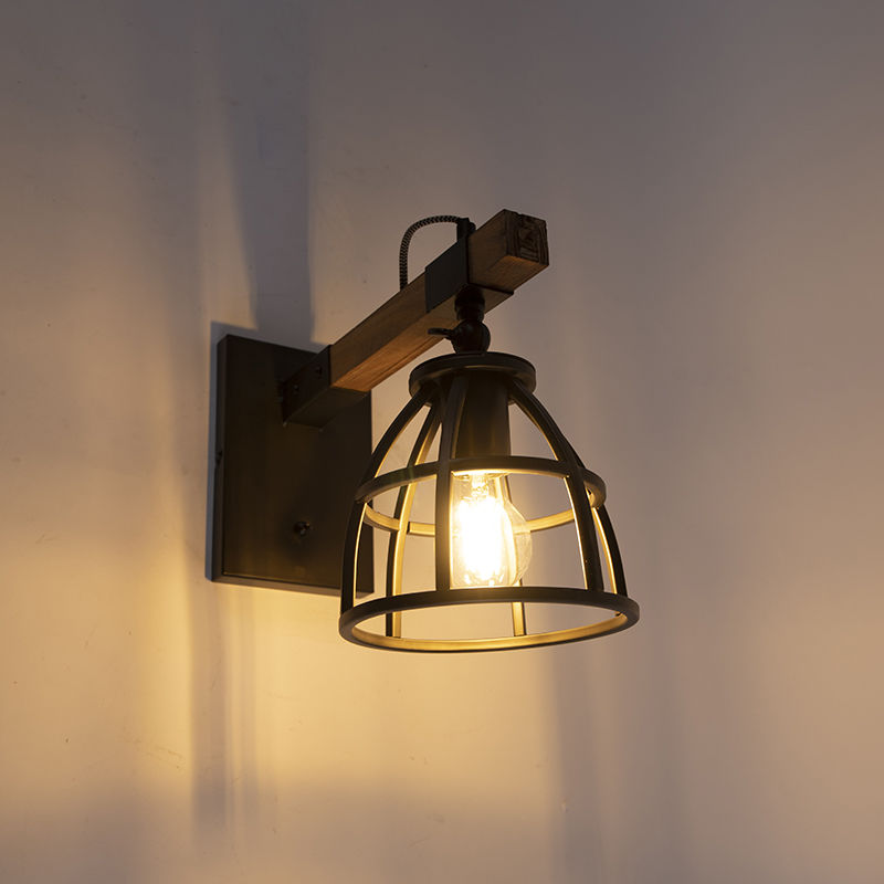 Industriële wandlamp zwart/hout verstelbaar Arthur Lumico